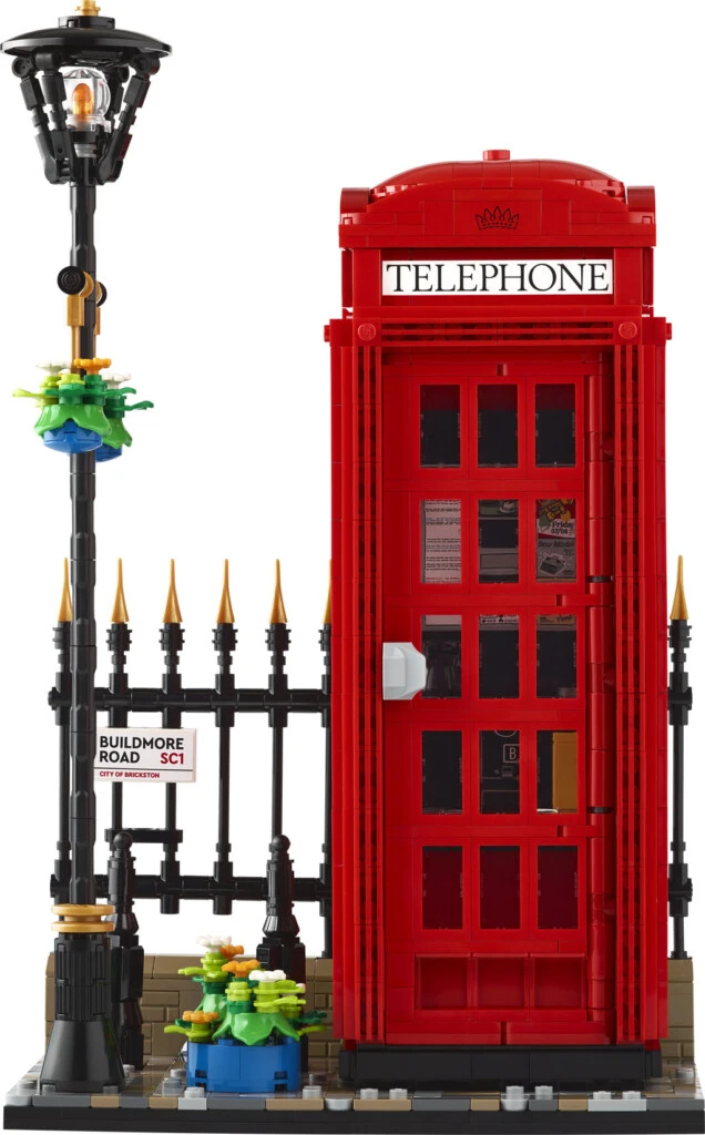 Model LEGO Ideas 21347 Czerwona Budka Telefoniczna - rzut z frontu