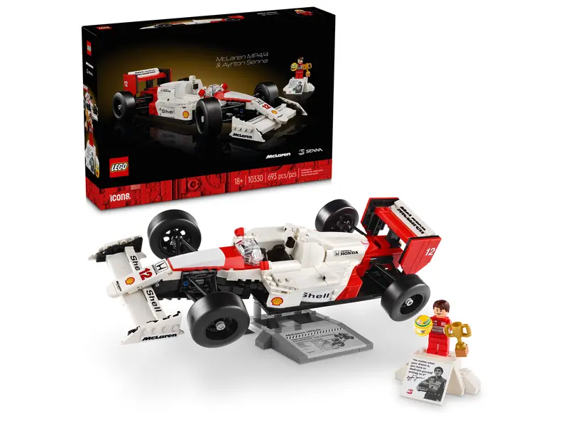 Model i opakowanie LEGO 10330 McLaren MP4/4 i Ayrton Senna