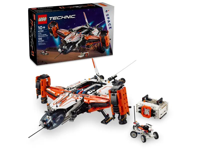 Opakowanie i model zestawu LEGO Technic 42181 "Transportowy statek kosmiczny VTOL LT81"