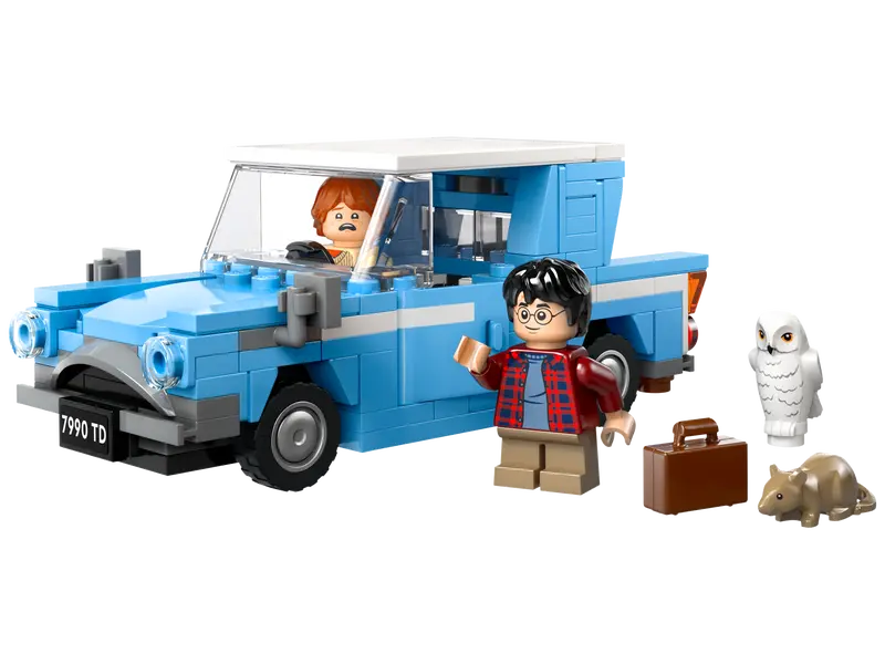 Model i minifigurki z zestawu LEGO 76424 Latający Ford Anglia