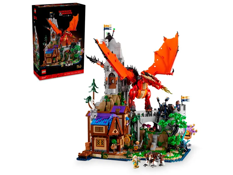 Model i opakowanie LEGO 21348 Dungeons & Dragons: Opowieść czerwonego smoka